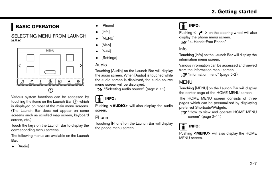 Basic operation -7, Selecting menu from launch bar -7, Getting started | NISSAN 2015 Murano - Navigation System Owner's Manual User Manual | Page 19 / 203