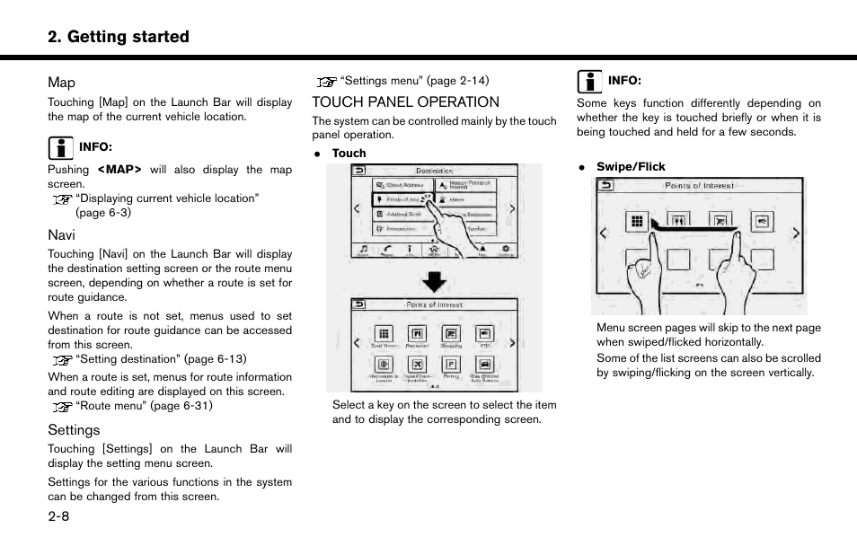 Touch panel operation -8, Getting started | NISSAN 2015 Murano - Navigation System Owner's Manual User Manual | Page 20 / 203