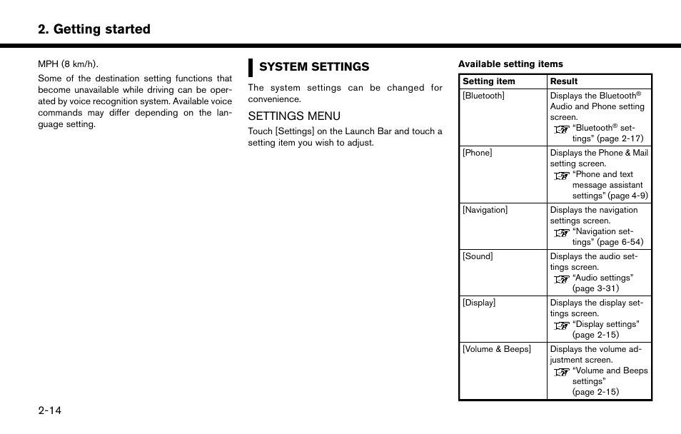 System settings -14, Settings menu -14, Getting started | System settings, Settings menu | NISSAN 2015 Murano - Navigation System Owner's Manual User Manual | Page 26 / 203