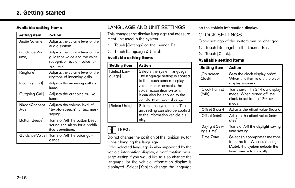 Language and unit settings -16 clock settings -16, Getting started, Language and unit settings | Clock settings | NISSAN 2015 Murano - Navigation System Owner's Manual User Manual | Page 28 / 203