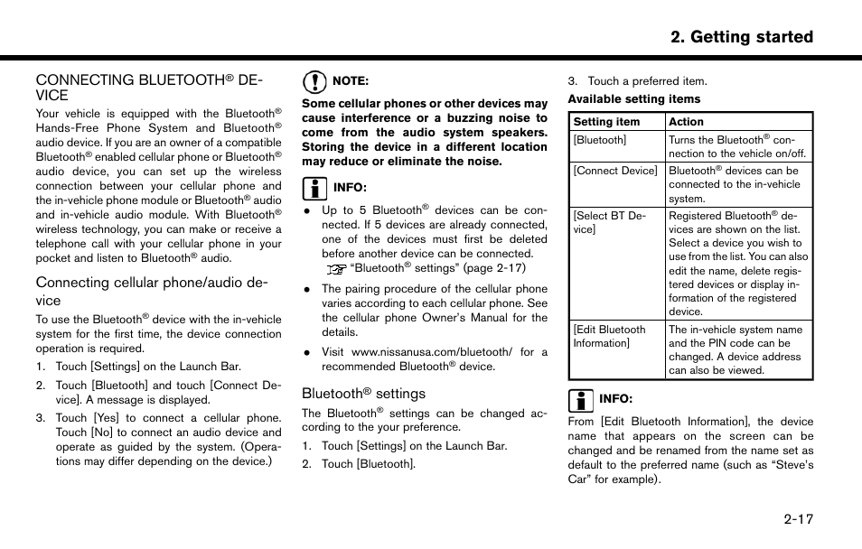 Connecting bluetooth, Device -17, Getting started | De- vice, Connecting cellular phone/audio de- vice, Bluetooth, Settings | NISSAN 2015 Murano - Navigation System Owner's Manual User Manual | Page 29 / 203