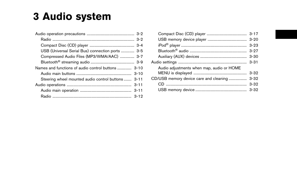 Audio system, 3 audio system | NISSAN 2015 Murano - Navigation System Owner's Manual User Manual | Page 31 / 203