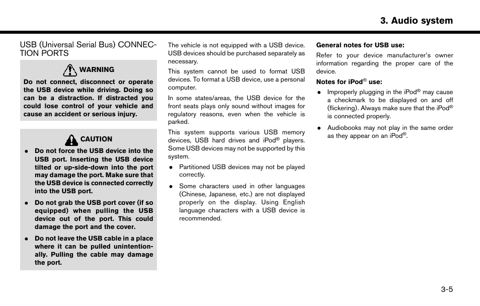 Usb (universal serial bus) connection ports -5, Audio system | NISSAN 2015 Murano - Navigation System Owner's Manual User Manual | Page 35 / 203