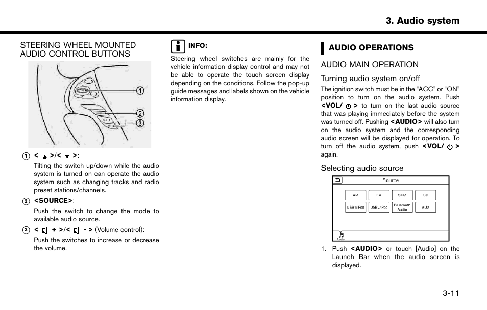 Audio operations -11, Steering wheel mounted audio control buttons -11, Audio main operation -11 | Audio system | NISSAN 2015 Murano - Navigation System Owner's Manual User Manual | Page 41 / 203
