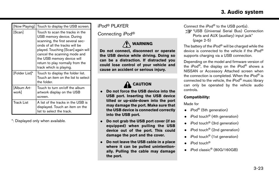 Ipod, Player -23, Audio system | Player connecting ipod | NISSAN 2015 Murano - Navigation System Owner's Manual User Manual | Page 53 / 203