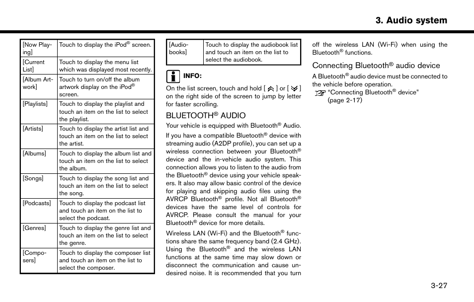 Bluetooth, Audio -27, Audio system | Audio, Connecting bluetooth, Audio device | NISSAN 2015 Murano - Navigation System Owner's Manual User Manual | Page 57 / 203