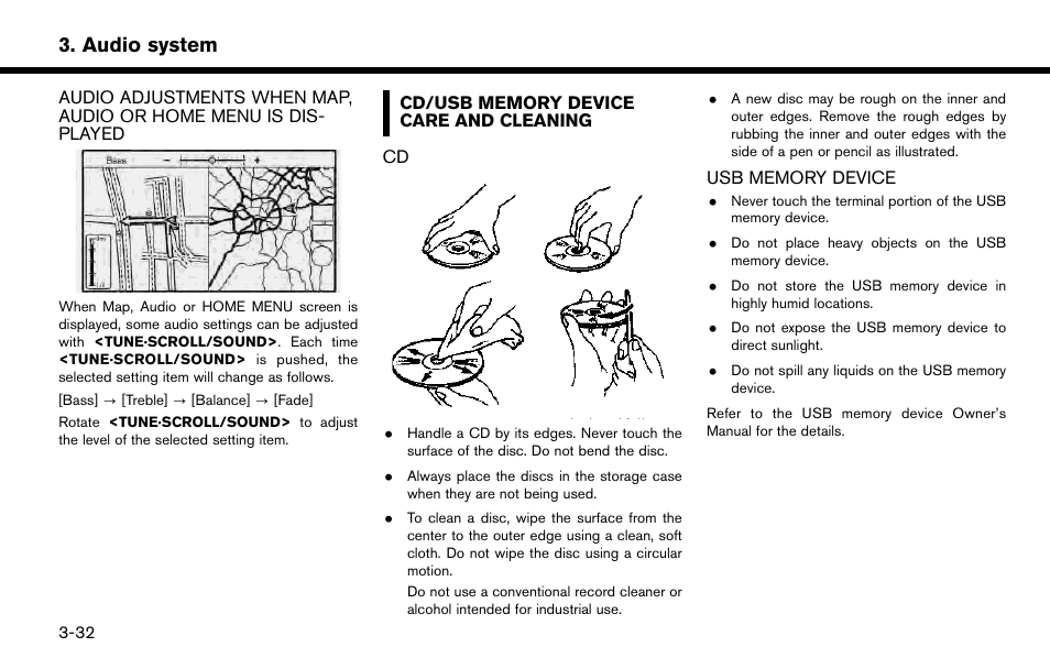 Cd/usb memory device care and cleaning -32, Cd -32 usb memory device -32, Audio system | NISSAN 2015 Murano - Navigation System Owner's Manual User Manual | Page 62 / 203