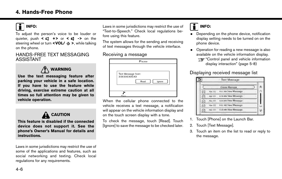 Hands-free text messaging assistant -6, Hands-free phone | NISSAN 2015 Murano - Navigation System Owner's Manual User Manual | Page 68 / 203
