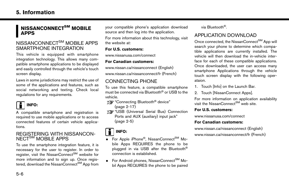Nissanconnect, Mobile apps -6, Mobile apps | Connecting phone -6 application download -6, Information | NISSAN 2015 Murano - Navigation System Owner's Manual User Manual | Page 80 / 203