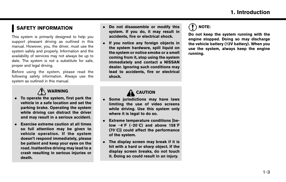 Safety information -3, Introduction | NISSAN 2015 Murano - Navigation System Owner's Manual User Manual | Page 9 / 203