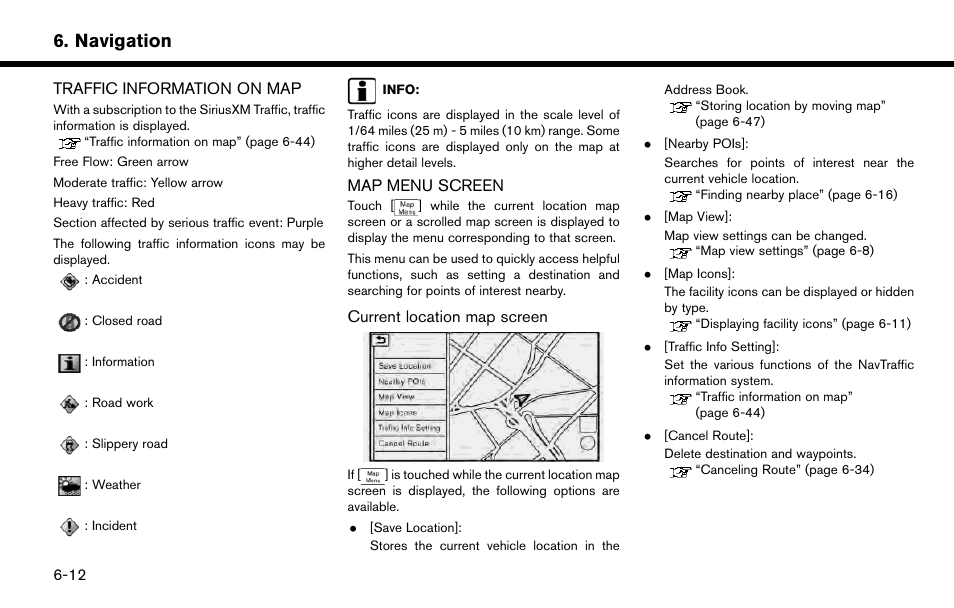 Traffic information on map -12 map menu screen -12, Navigation | NISSAN 2015 Murano - Navigation System Owner's Manual User Manual | Page 96 / 203