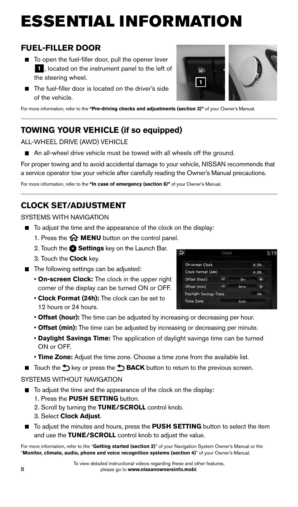 Essential information, Fuel-filler door, Towing your vehicle (if so equipped) | Clock set/adjustment | NISSAN 2015 Murano - Quick Reference Guide User Manual | Page 10 / 36