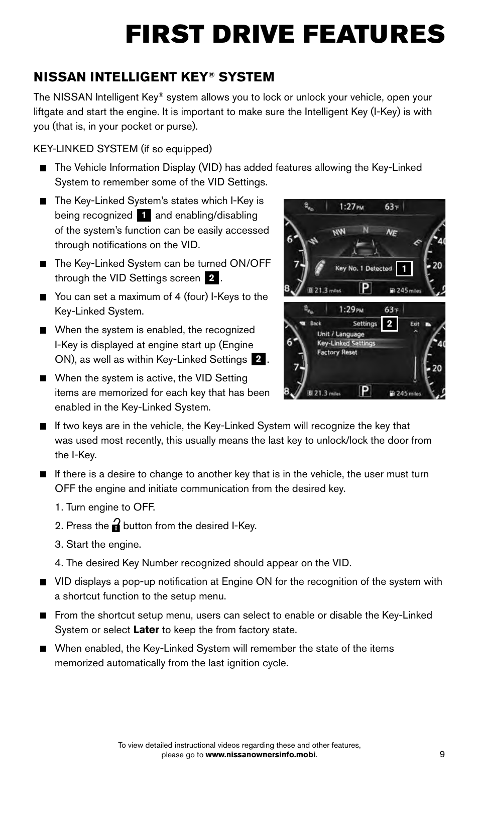 First drive features, Nissan intelligent key, System | NISSAN 2015 Murano - Quick Reference Guide User Manual | Page 11 / 36