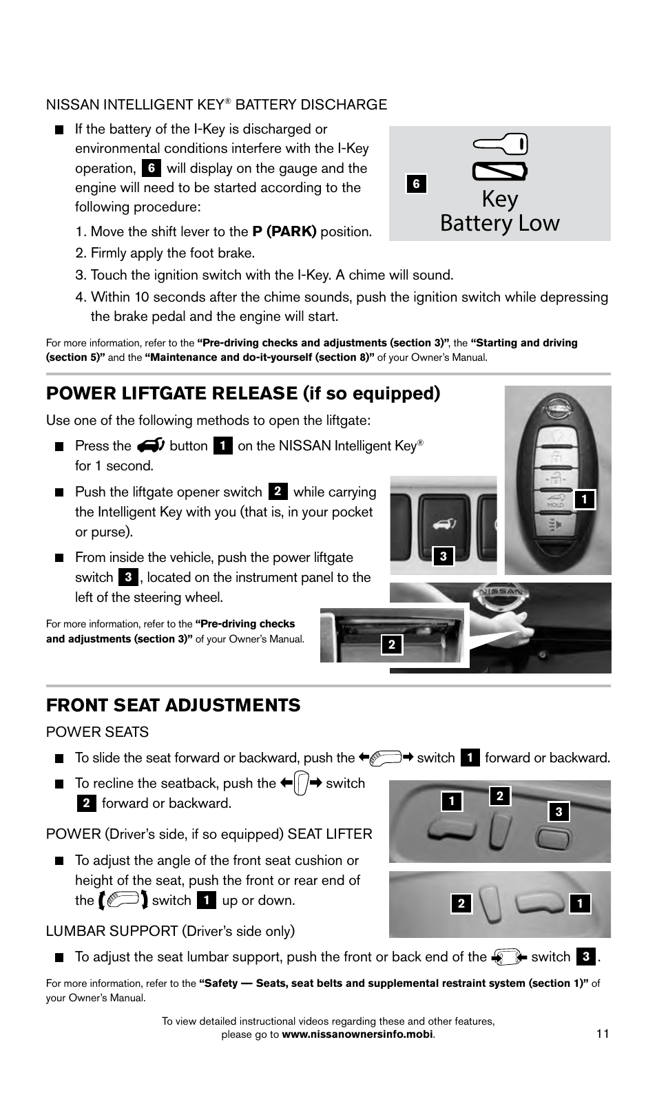 Key battery low, Front seat adjustments, Power liftgate release (if so equipped) | NISSAN 2015 Murano - Quick Reference Guide User Manual | Page 13 / 36
