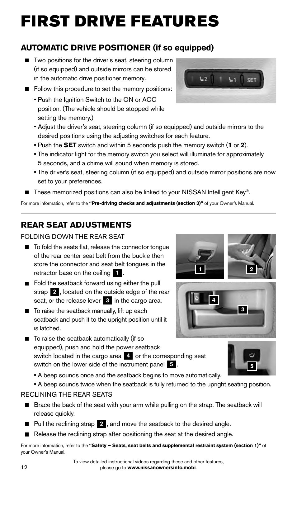 First drive features, Automatic drive positioner (if so equipped), Rear seat adjustments | NISSAN 2015 Murano - Quick Reference Guide User Manual | Page 14 / 36