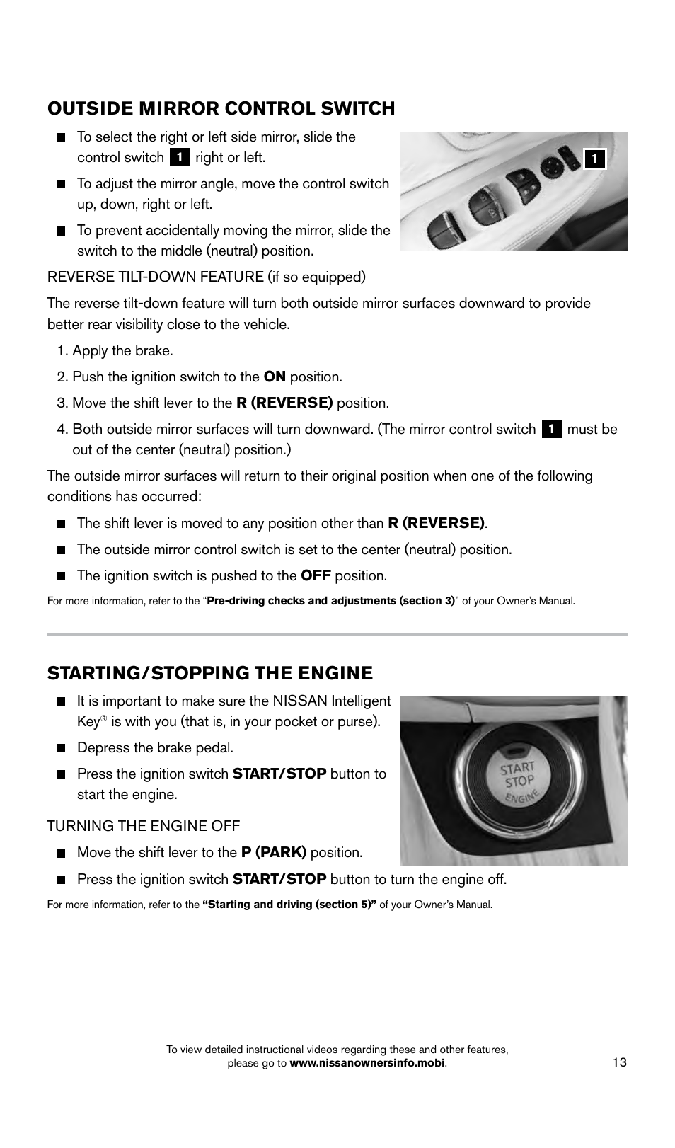 Outside mirror control switch, Starting/stopping the engine | NISSAN 2015 Murano - Quick Reference Guide User Manual | Page 15 / 36