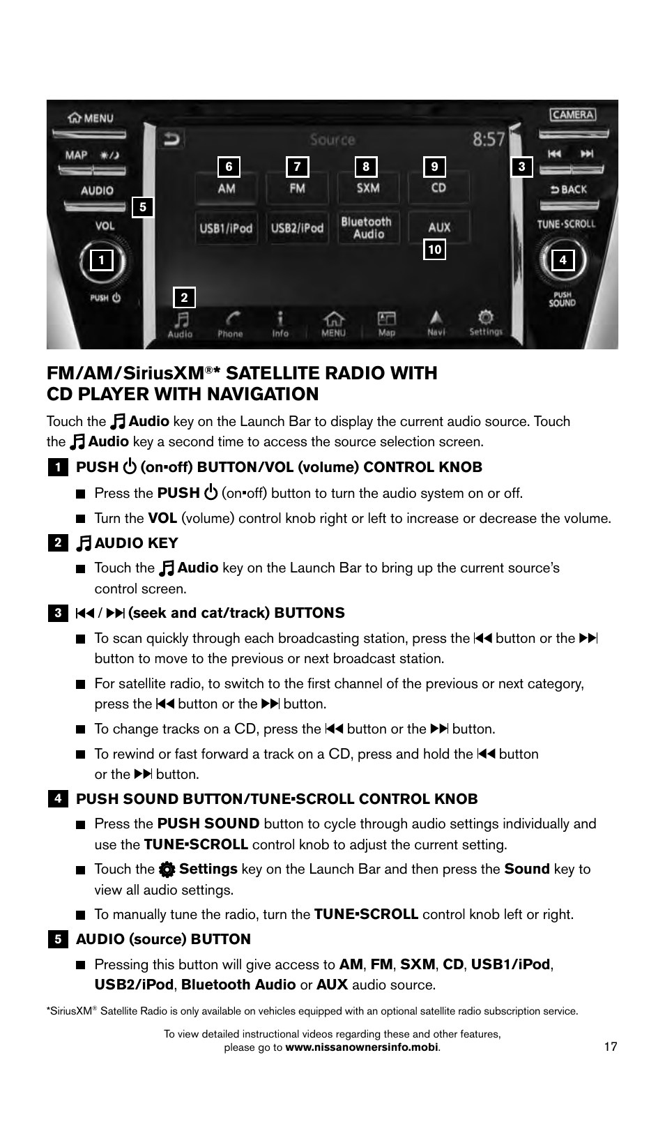 Fm/am/siriusxm, Satellite radio with cd player with navigation | NISSAN 2015 Murano - Quick Reference Guide User Manual | Page 19 / 36