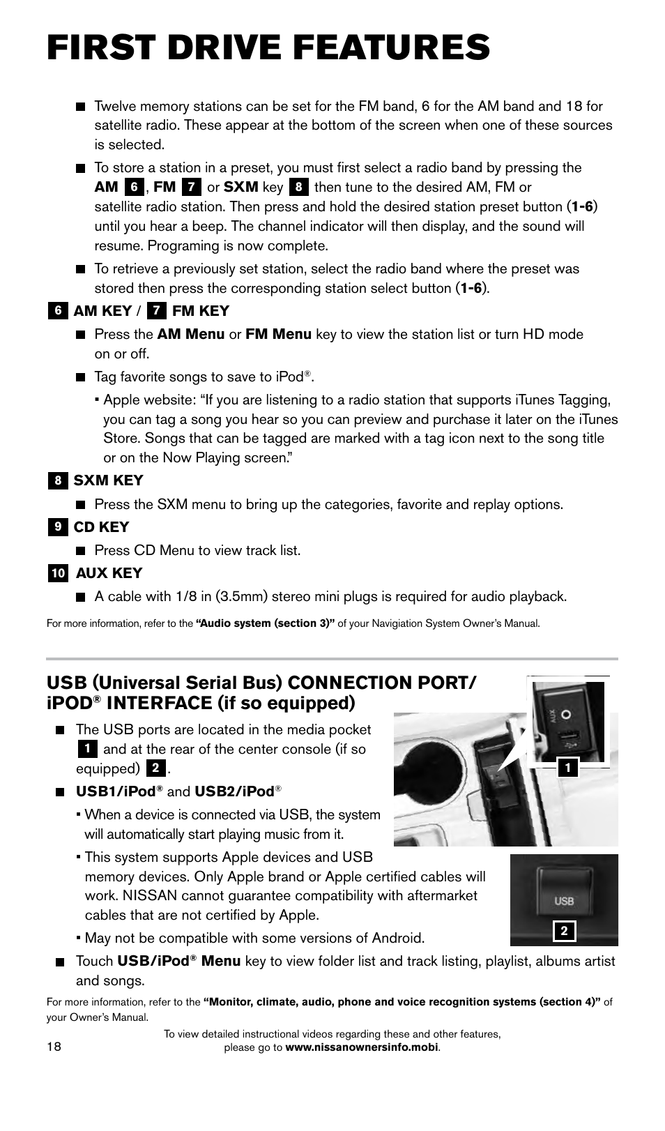 First drive features, Usb (universal serial bus) connection port/ ipod, Interface (if so equipped) | NISSAN 2015 Murano - Quick Reference Guide User Manual | Page 20 / 36