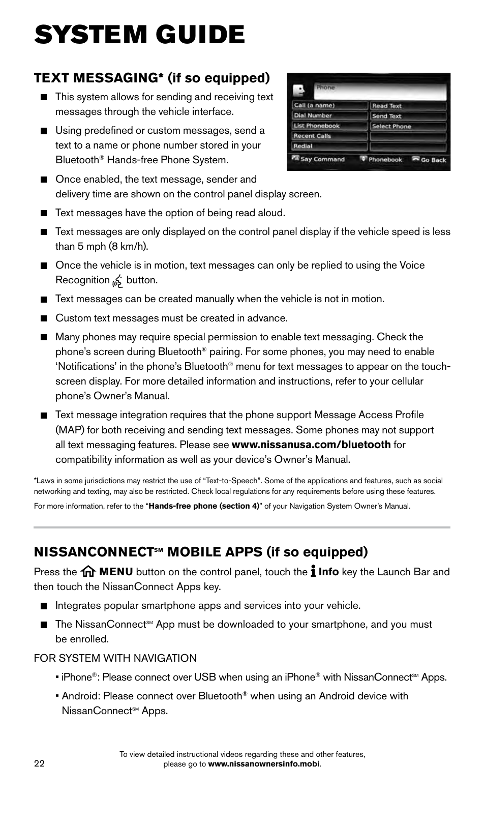 System guide, Text messaging* (if so equipped), Nissanconnect | Mobile apps (if so equipped) | NISSAN 2015 Murano - Quick Reference Guide User Manual | Page 24 / 36