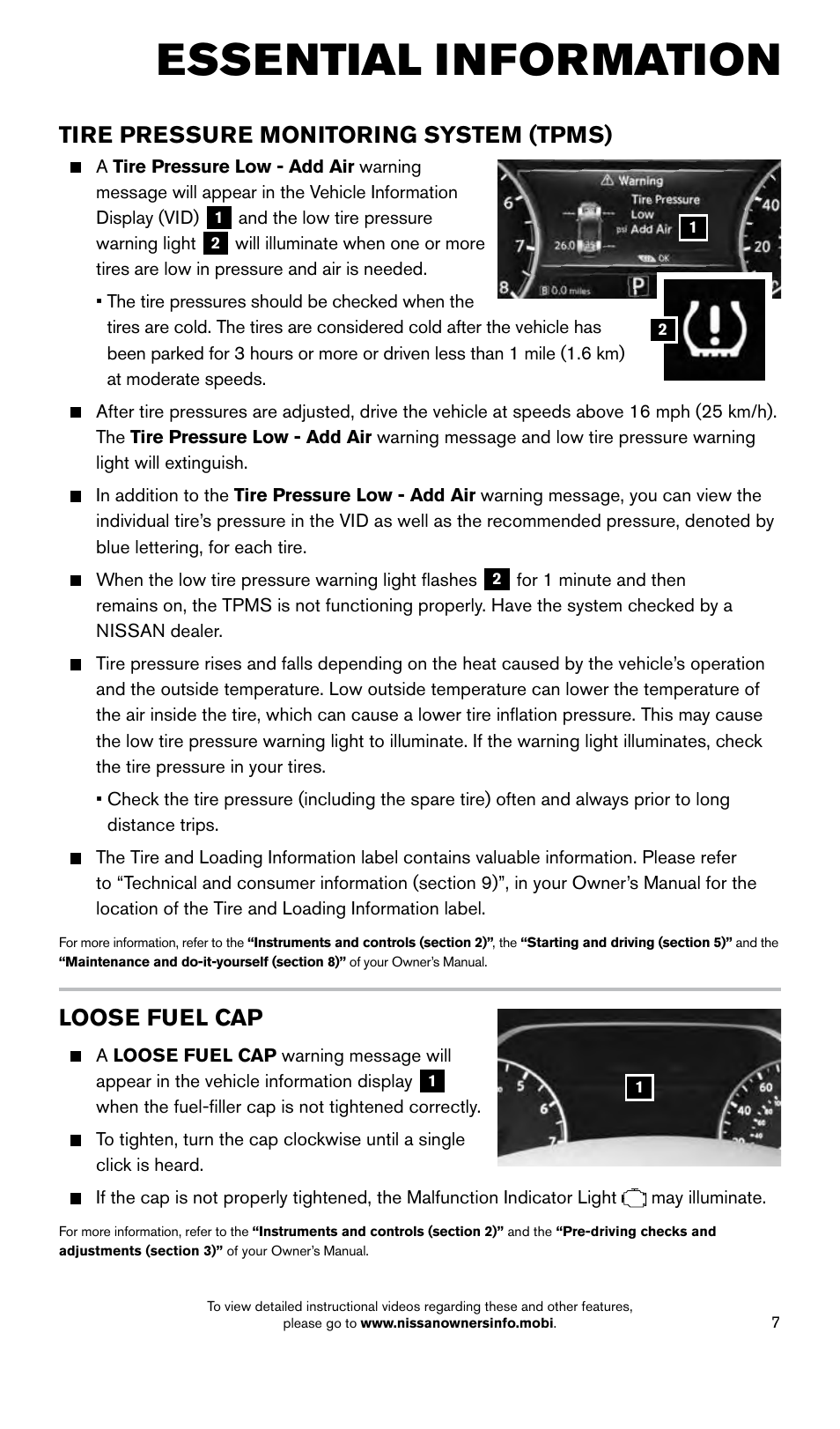 Essential information, Tire pressure monitoring system (tpms), Loose fuel cap | NISSAN 2015 Murano - Quick Reference Guide User Manual | Page 9 / 36