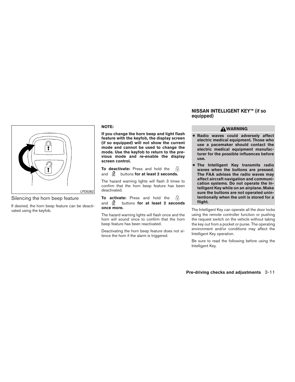 Nissan intelligent key™ (if so equipped) -11 | NISSAN 2011 Pathfinder - Owner's Manual User Manual | Page 148 / 474