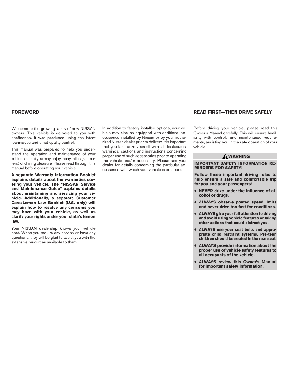 NISSAN 2011 Pathfinder - Owner's Manual User Manual | Page 2 / 474
