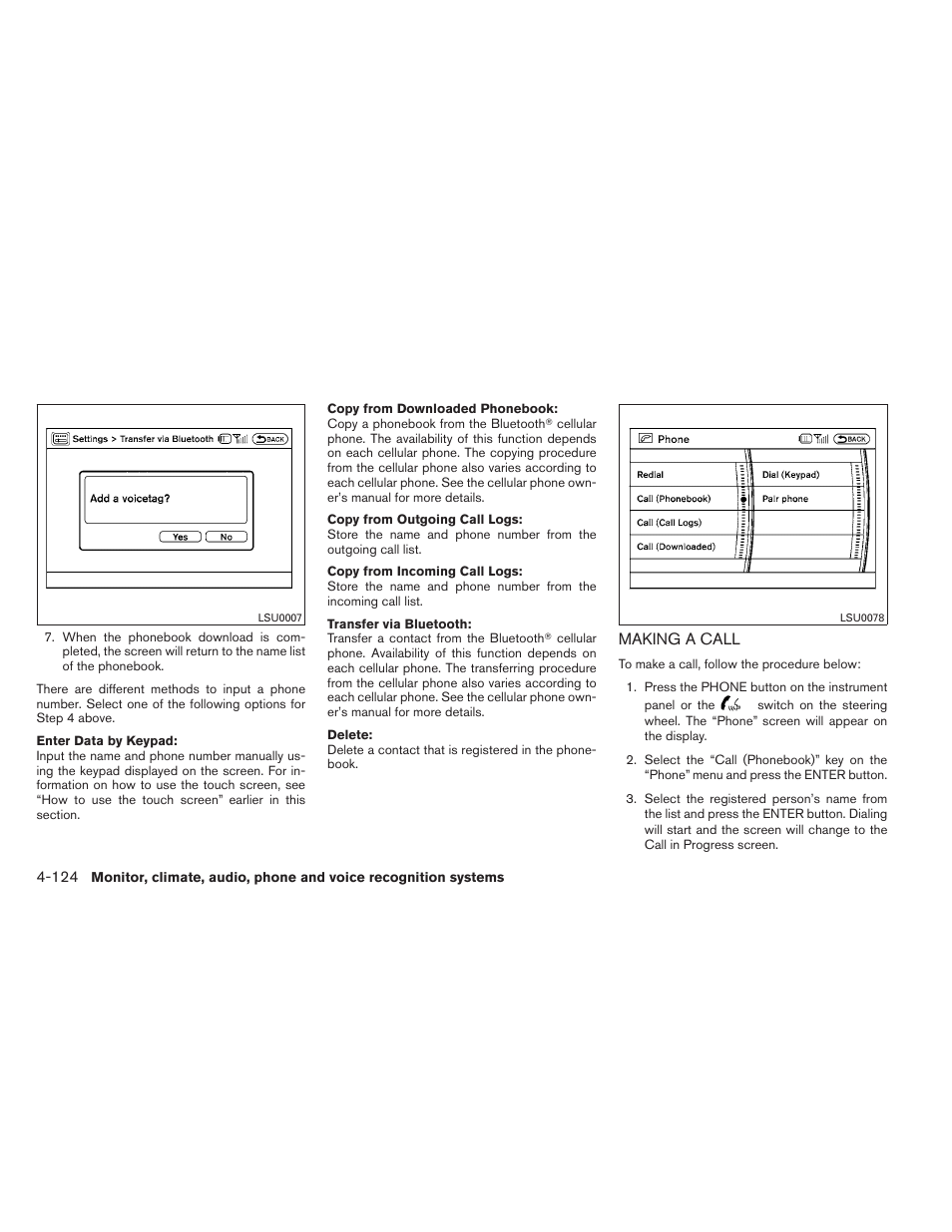 Making a call -124 | NISSAN 2011 Pathfinder - Owner's Manual User Manual | Page 295 / 474