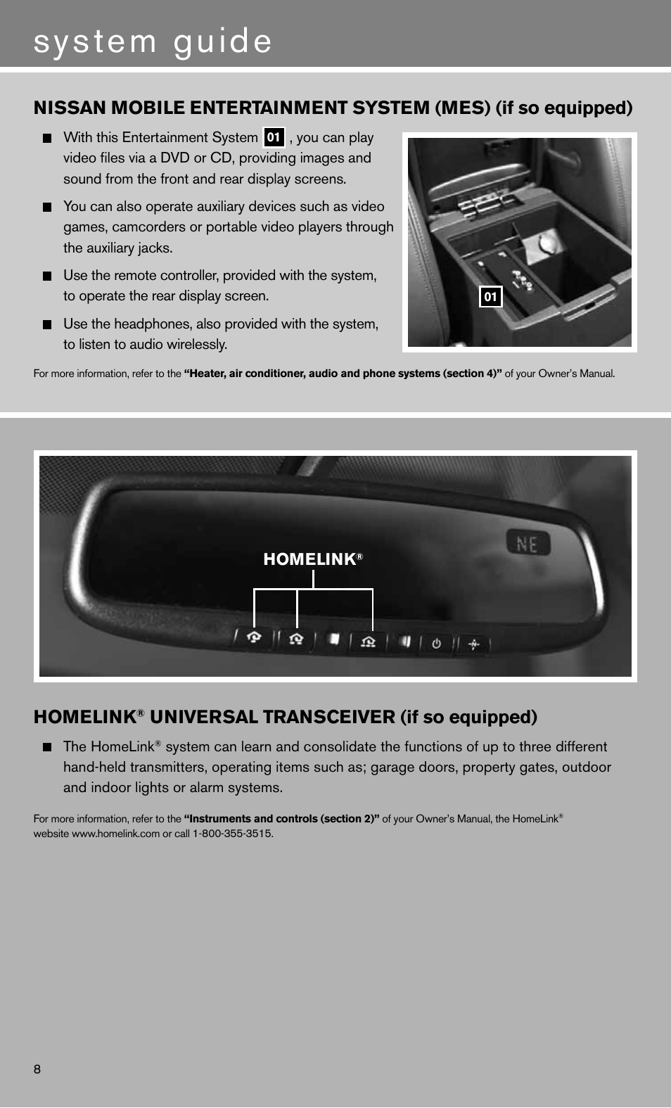System guide, Homelink, Universal transceiver (if so equipped) | NISSAN 2011 Pathfinder - Quick Reference Guide User Manual | Page 10 / 12