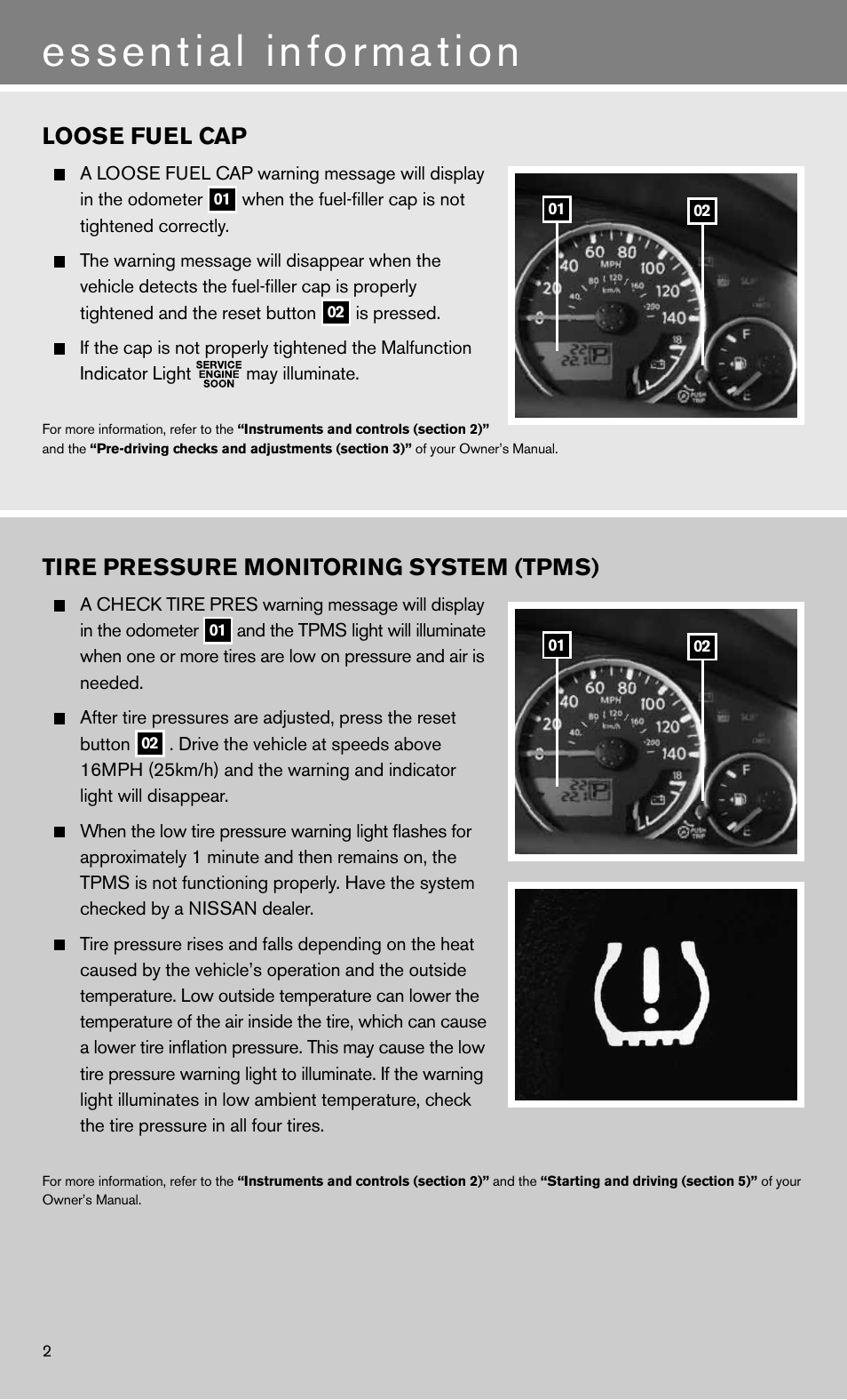 Essential information, Loose fuel cap, Tire pressure monitoring system (tpms) | NISSAN 2011 Pathfinder - Quick Reference Guide User Manual | Page 4 / 12