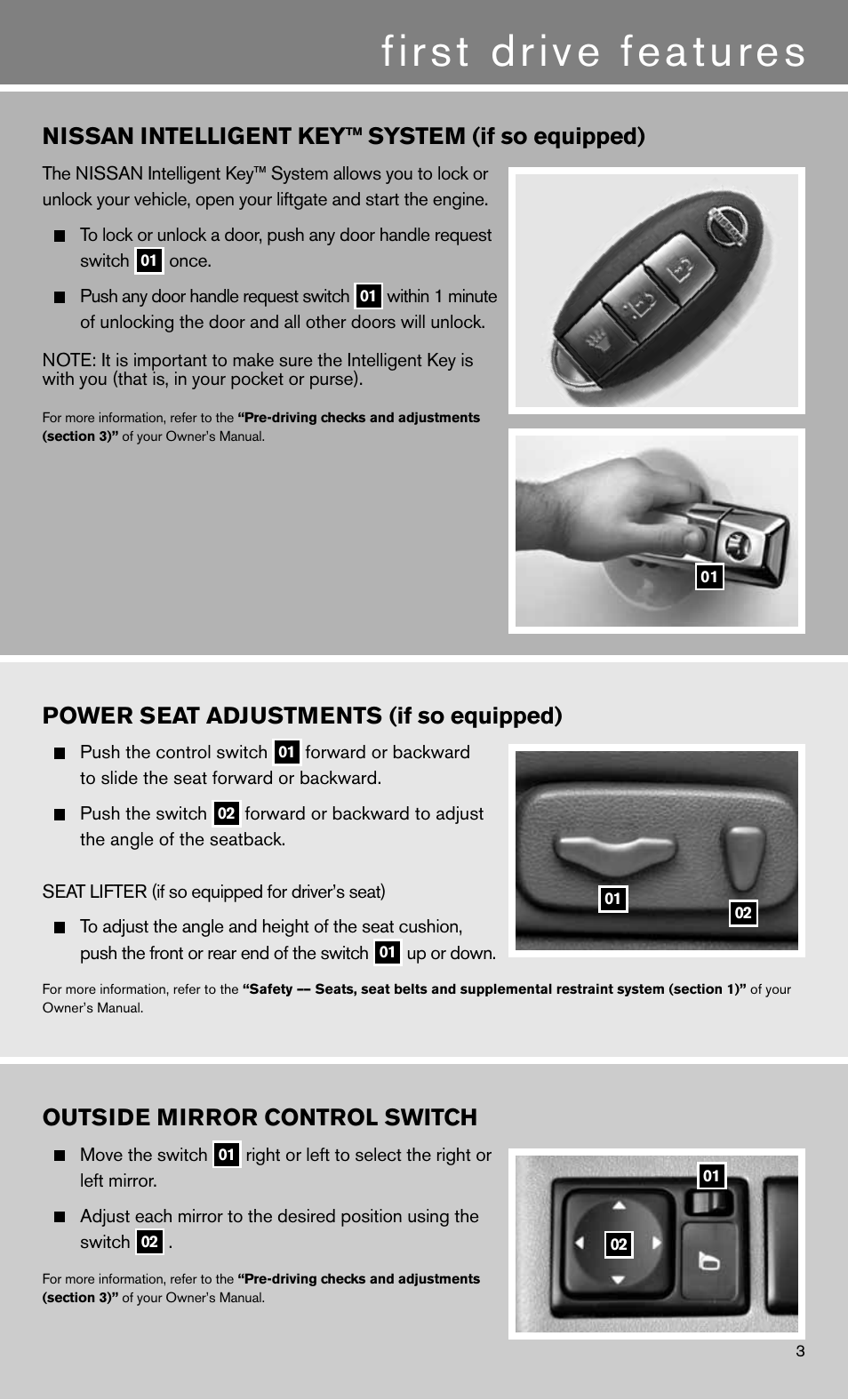 First drive features, Nissan intelligent key™ system (if so equipped), Power seat adjustments (if so equipped) | Outside mirror control switch | NISSAN 2011 Pathfinder - Quick Reference Guide User Manual | Page 5 / 12