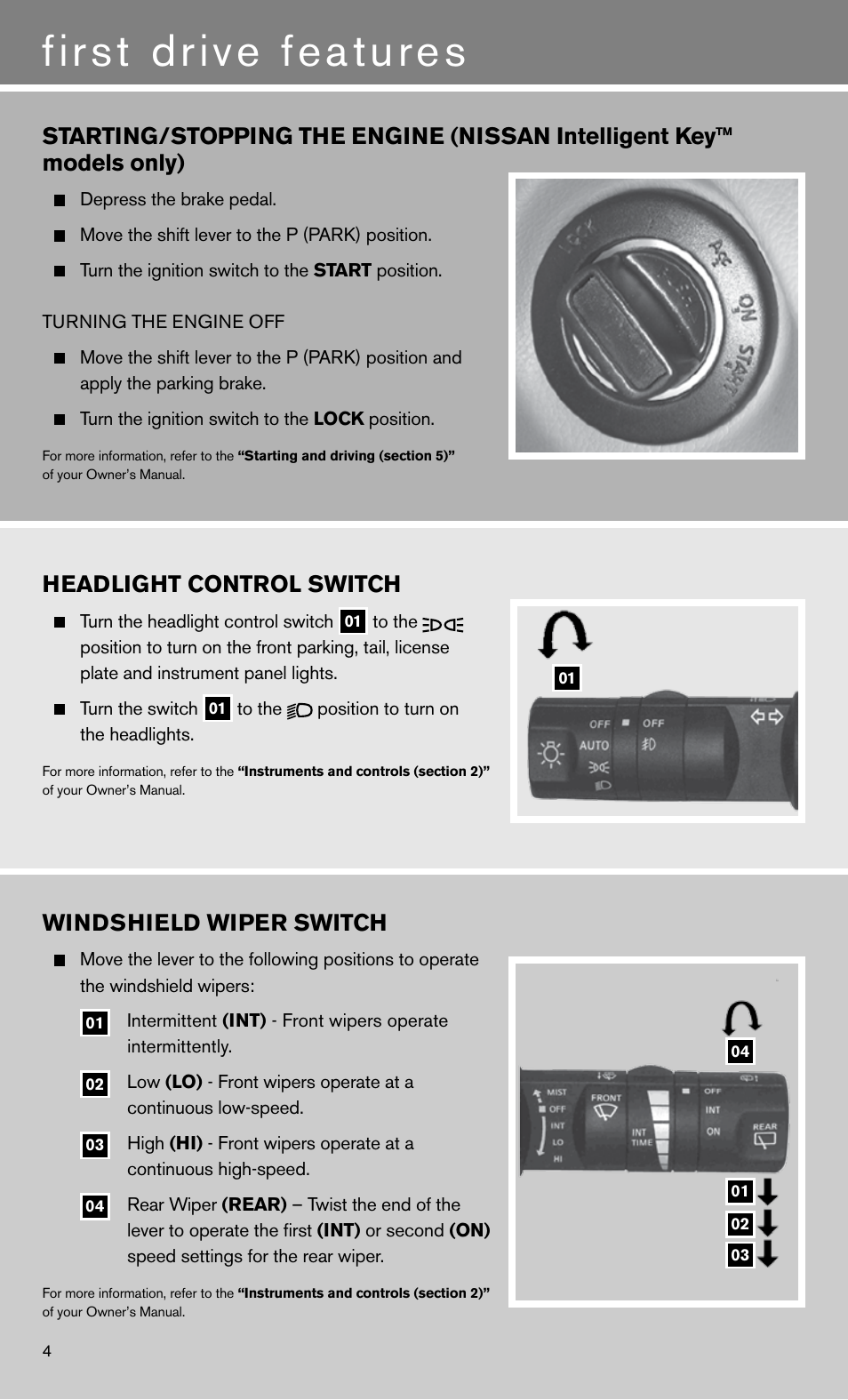 First drive features, Headlight control switch, Windshield wiper switch | NISSAN 2011 Pathfinder - Quick Reference Guide User Manual | Page 6 / 12