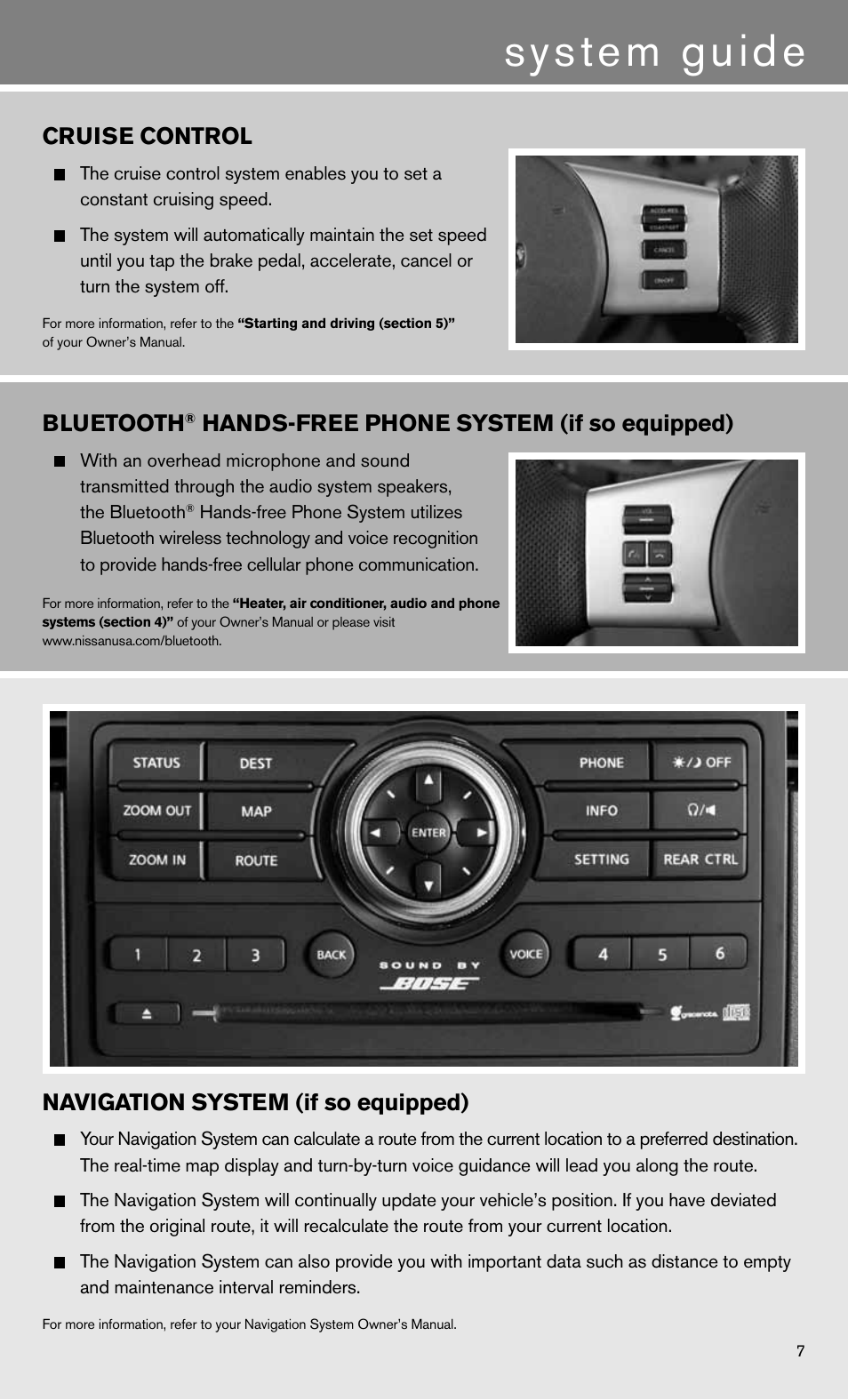 System guide, Bluetooth, Hands-free phone system (if so equipped) | Cruise control, Navigation system (if so equipped) | NISSAN 2011 Pathfinder - Quick Reference Guide User Manual | Page 9 / 12