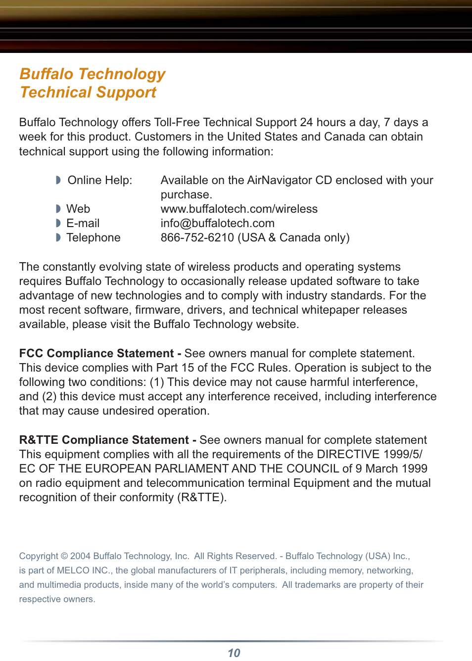 Buffalo technology technical support | Buffalo Technology WBR-B11 User Manual | Page 10 / 10