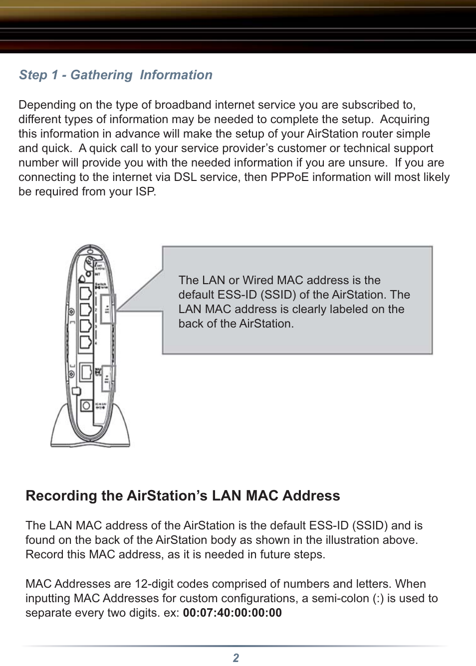 Recording the airstation’s lan mac address | Buffalo Technology WBR-B11 User Manual | Page 2 / 10