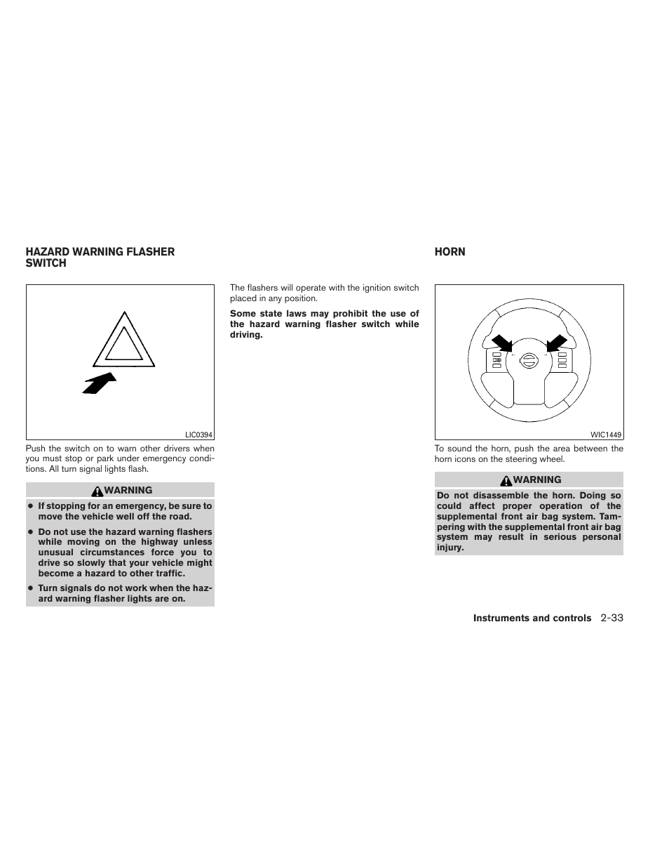 Hazard warning flasher switch -33 horn -33 | NISSAN 2012 Pathfinder - Owner's Manual User Manual | Page 118 / 480