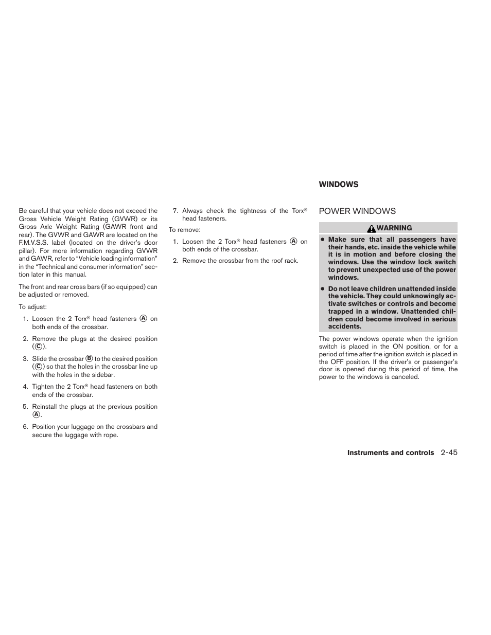 Windows -45, Power windows -45 | NISSAN 2012 Pathfinder - Owner's Manual User Manual | Page 130 / 480