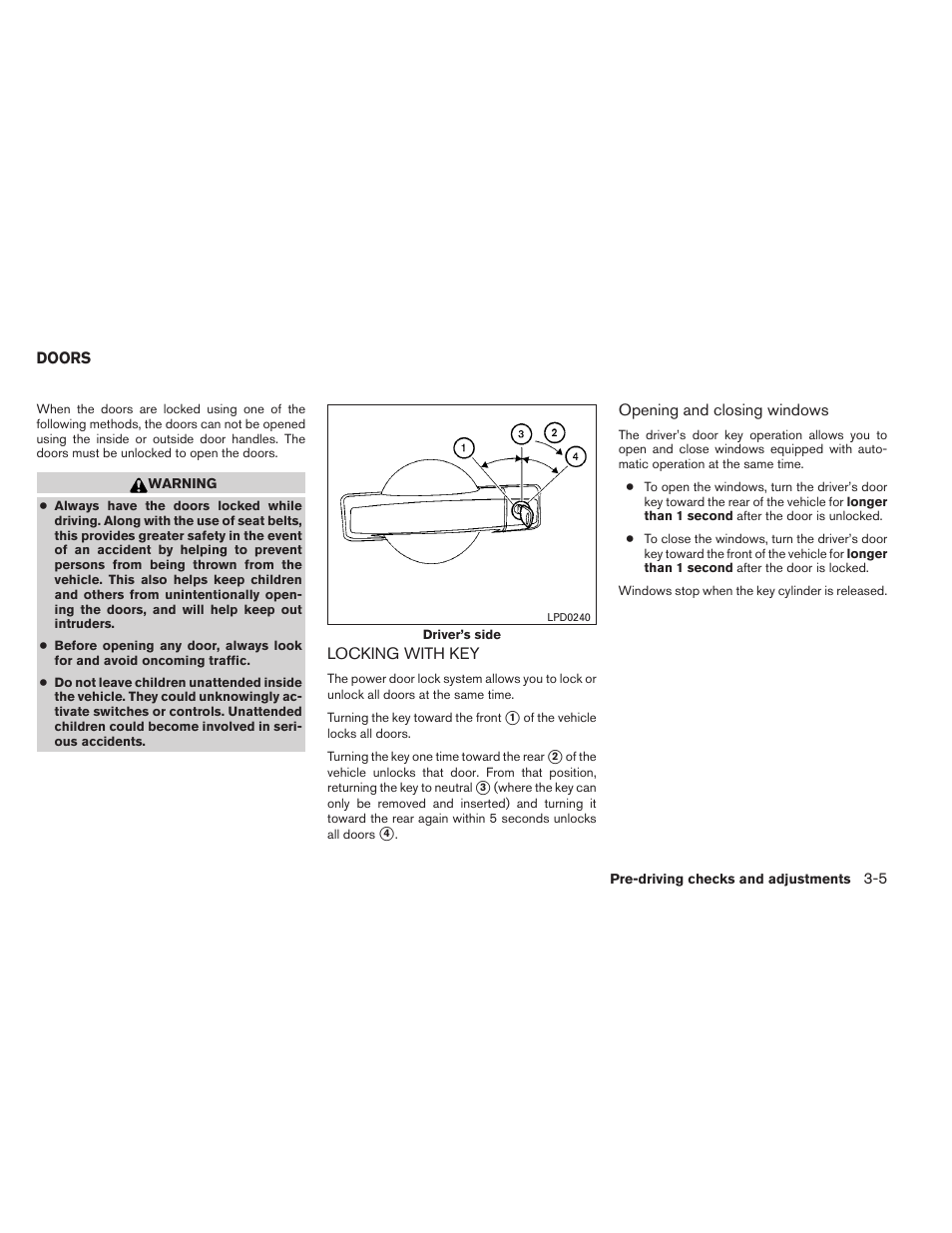 Doors -5, Locking with key -5 | NISSAN 2012 Pathfinder - Owner's Manual User Manual | Page 144 / 480