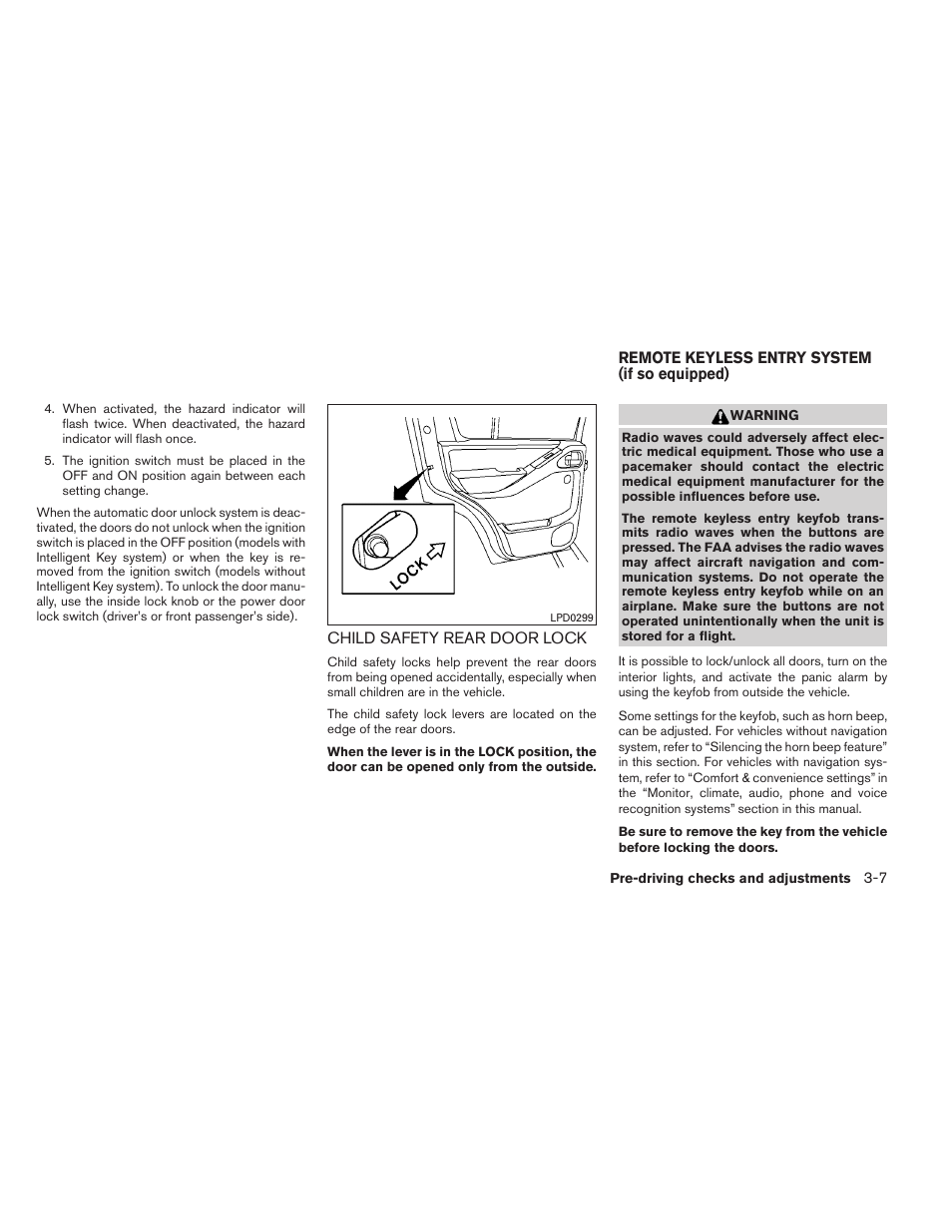 Child safety rear door lock -7, Remote keyless entry system (if so equipped) -7 | NISSAN 2012 Pathfinder - Owner's Manual User Manual | Page 146 / 480