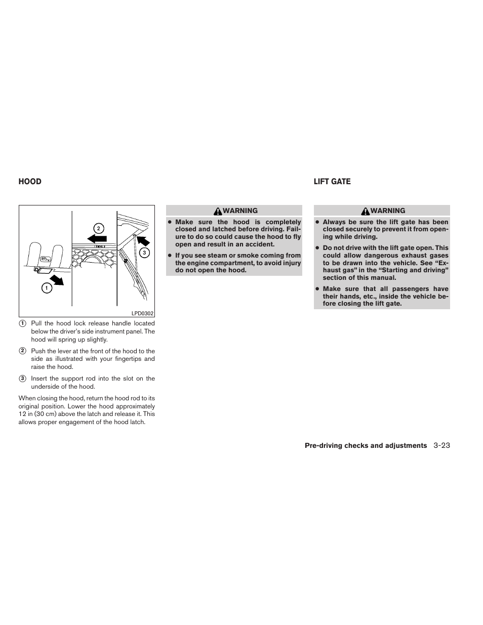 Hood -23, Lift gate -23 | NISSAN 2012 Pathfinder - Owner's Manual User Manual | Page 162 / 480