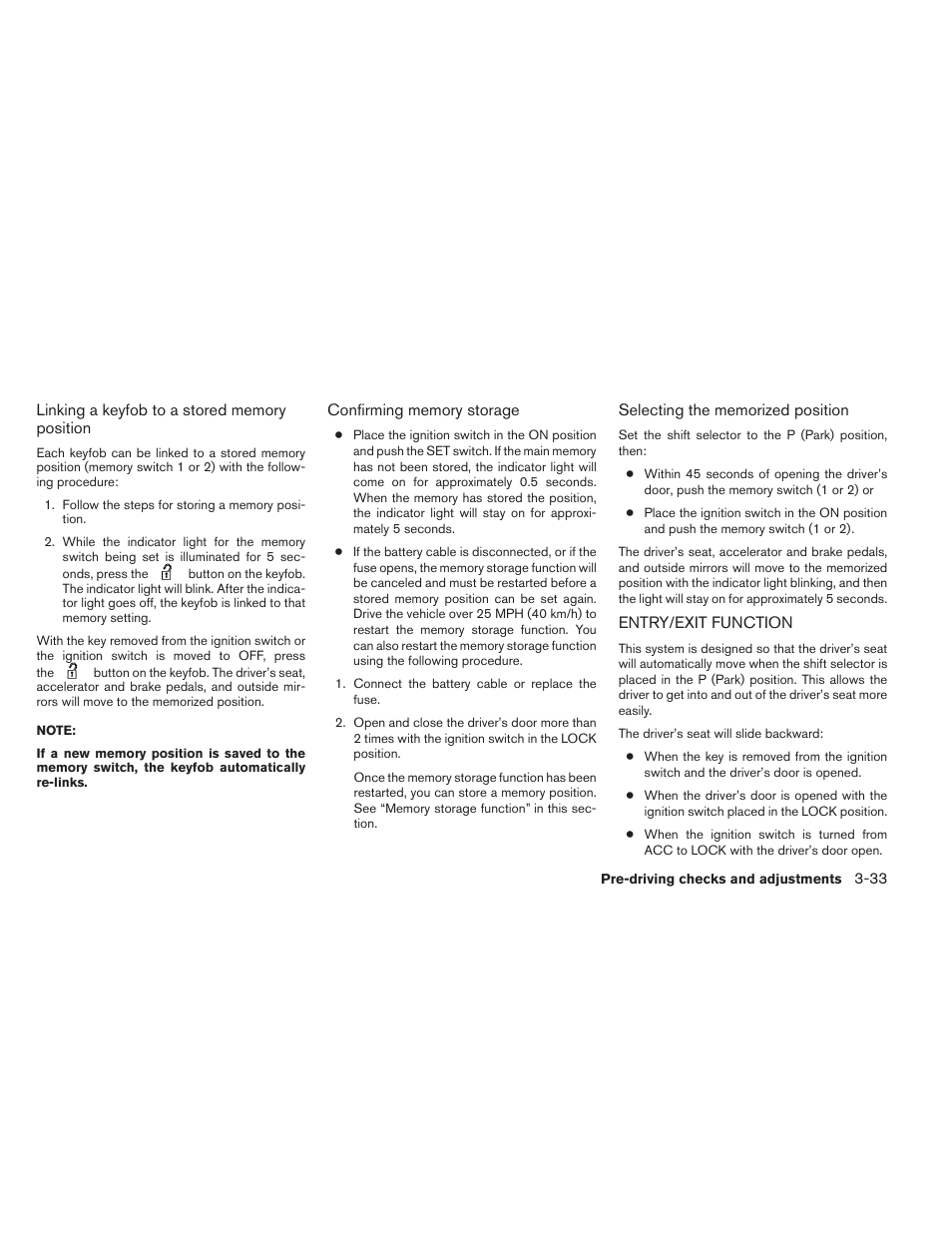 Entry/exit function -33 | NISSAN 2012 Pathfinder - Owner's Manual User Manual | Page 172 / 480