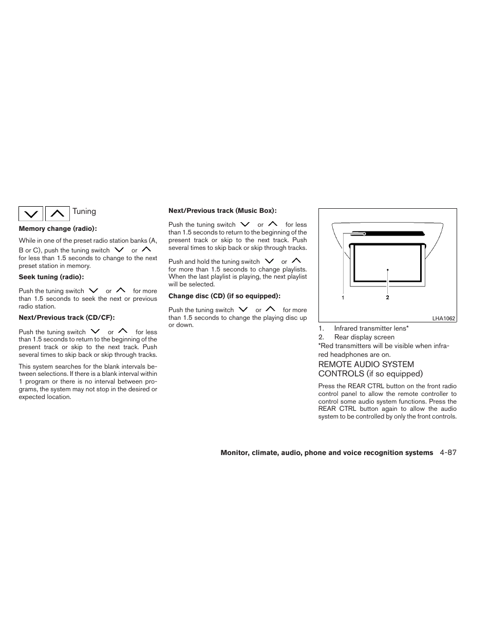 Remote audio system controls (if so equipped) -87 | NISSAN 2012 Pathfinder - Owner's Manual User Manual | Page 260 / 480