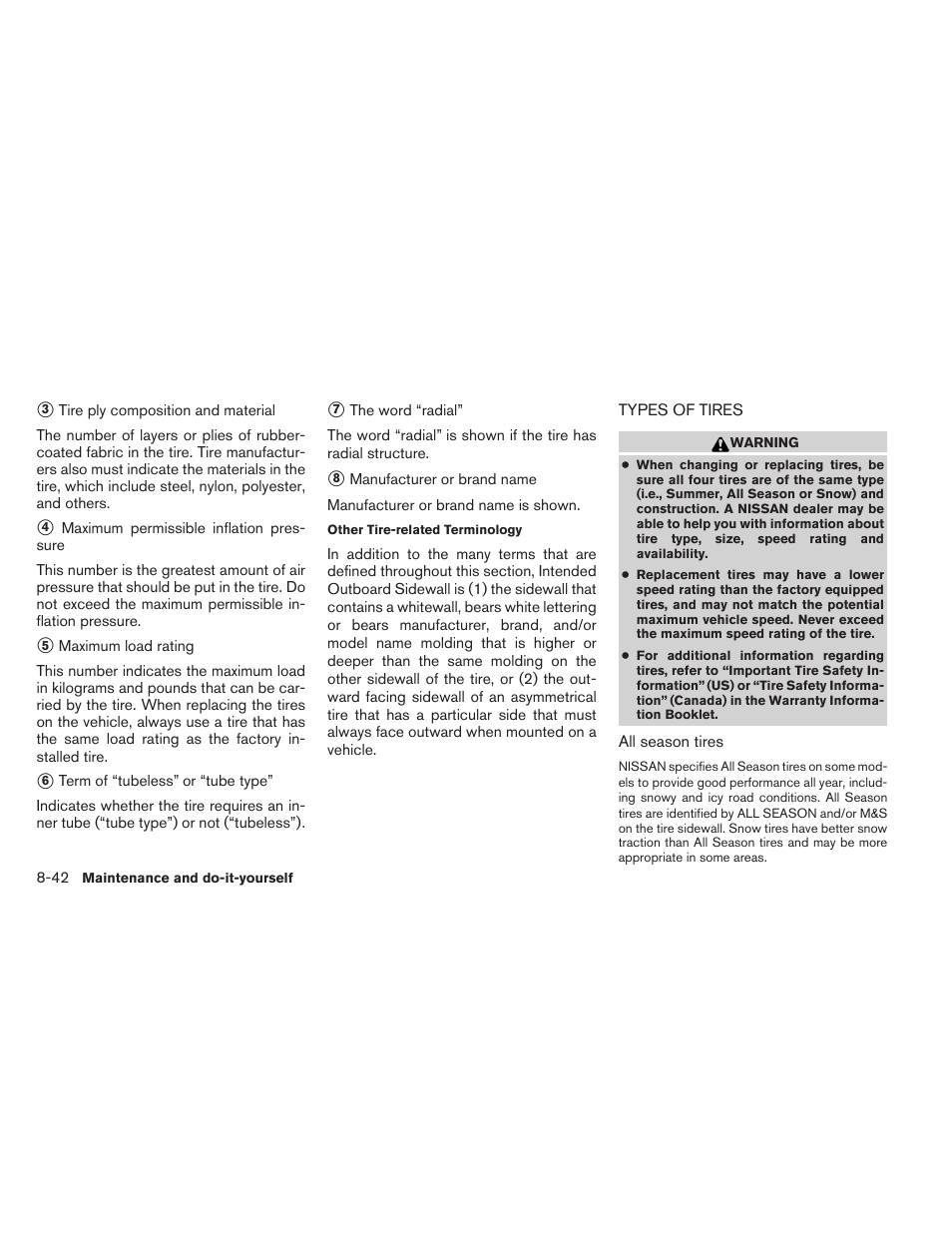 Types of tires -42 | NISSAN 2012 Pathfinder - Owner's Manual User Manual | Page 433 / 480