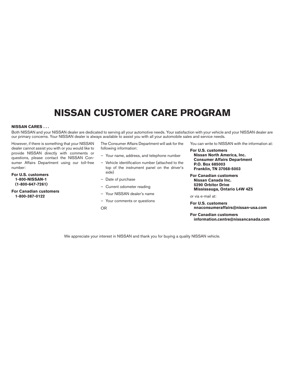 Nissan customer care program | NISSAN 2012 Pathfinder - Owner's Manual User Manual | Page 6 / 480