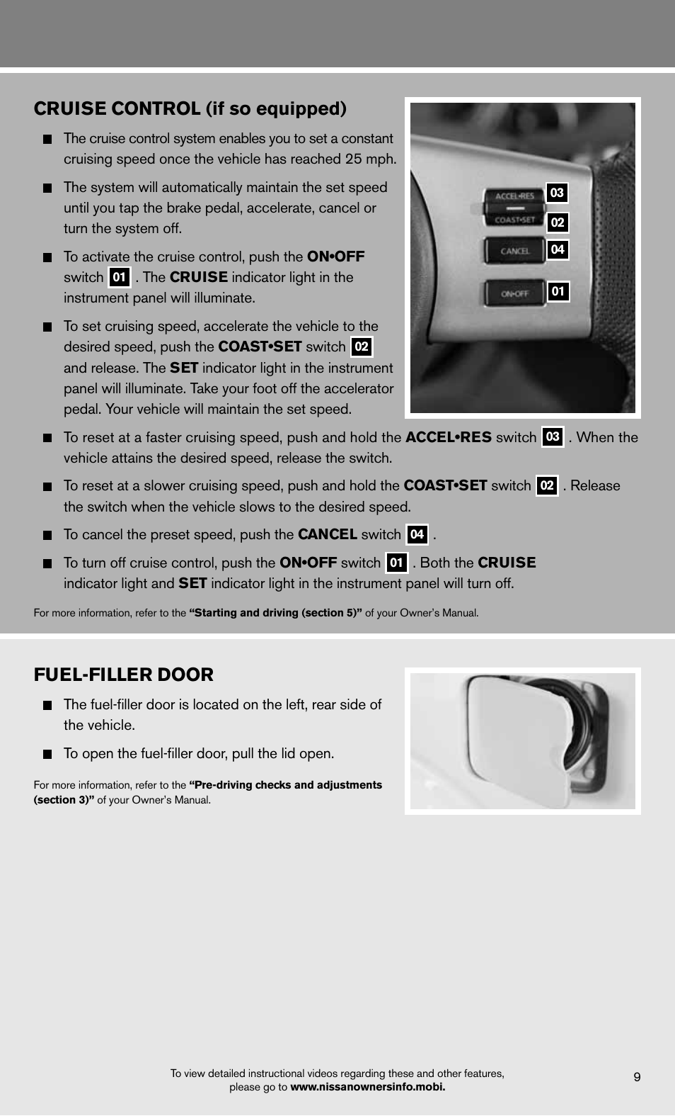 Cruise control (if so equipped), Fuel-filler door | NISSAN 2012 Pathfinder - Quick Reference Guide User Manual | Page 11 / 20