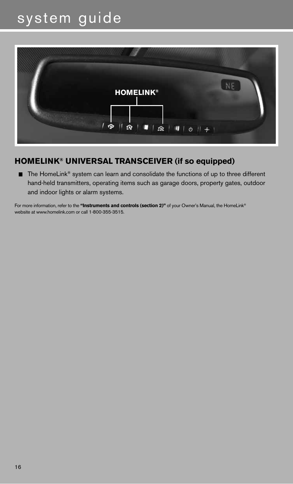 System guide, Homelink, Universal transceiver (if so equipped) | NISSAN 2012 Pathfinder - Quick Reference Guide User Manual | Page 18 / 20