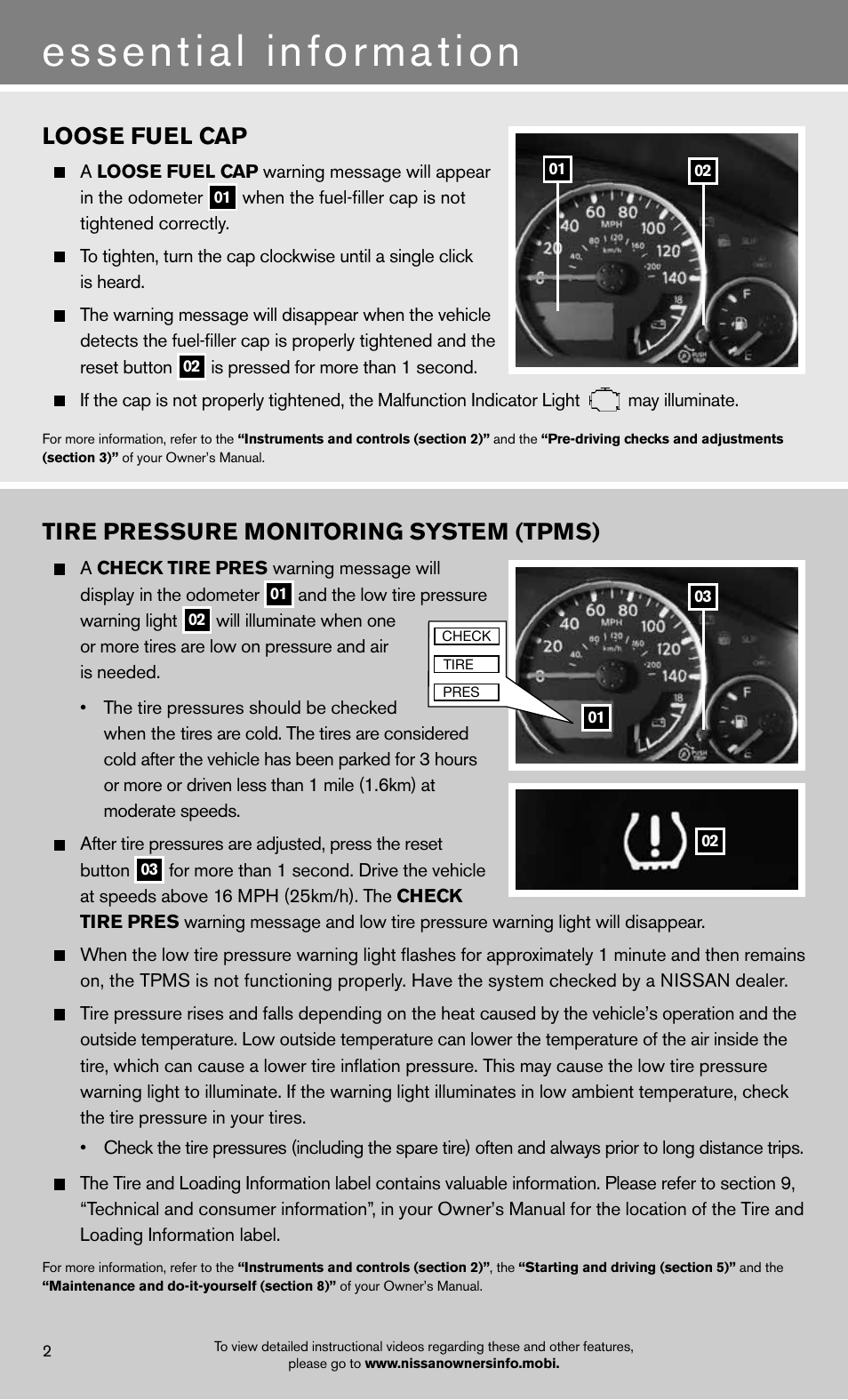 Essential information, Tire pressure monitoring system (tpms), Loose fuel cap | NISSAN 2012 Pathfinder - Quick Reference Guide User Manual | Page 4 / 20