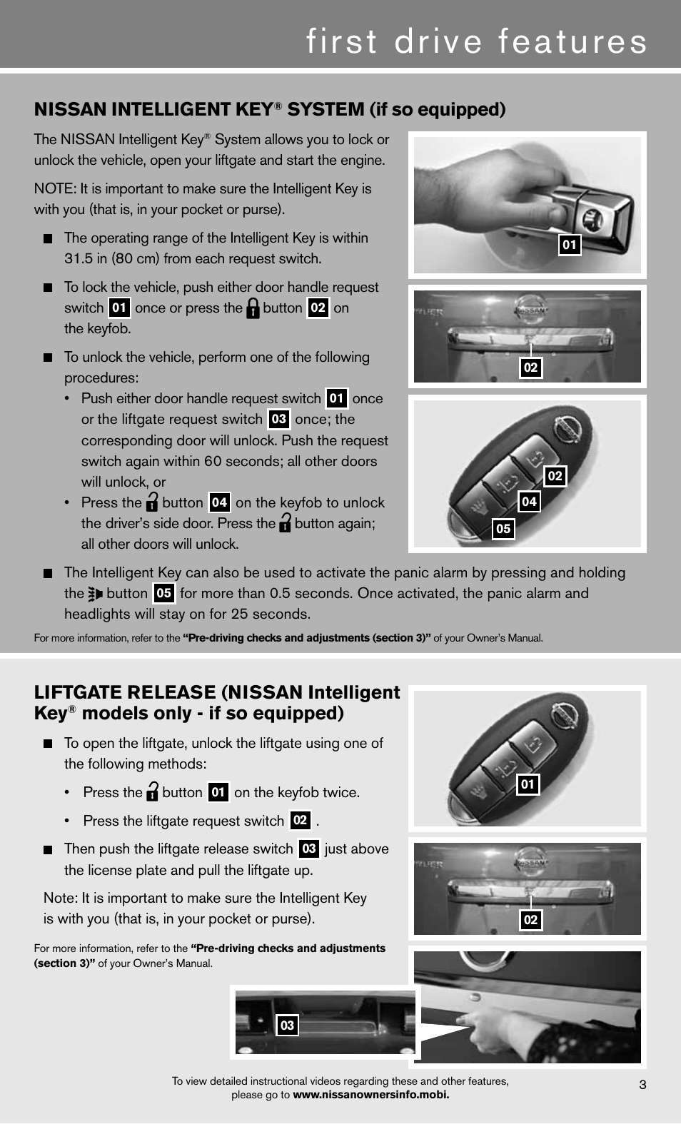 First drive features, Liftgate release (nissan intelligent key, Models only - if so equipped) | Nissan intelligent key, System (if so equipped) | NISSAN 2012 Pathfinder - Quick Reference Guide User Manual | Page 5 / 20