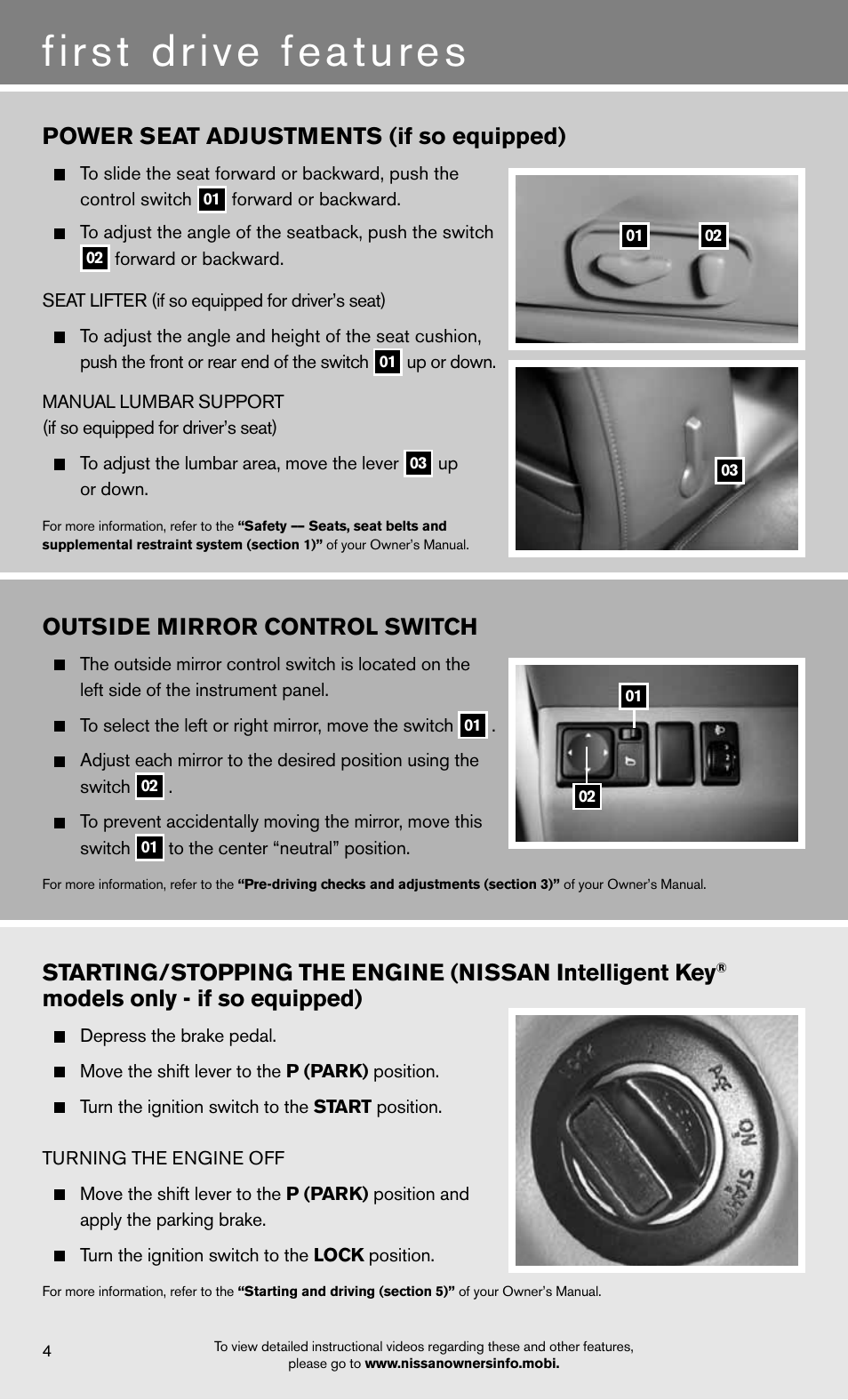 First drive features, Outside mirror control switch, Power seat adjustments (if so equipped) | Models only - if so equipped) | NISSAN 2012 Pathfinder - Quick Reference Guide User Manual | Page 6 / 20