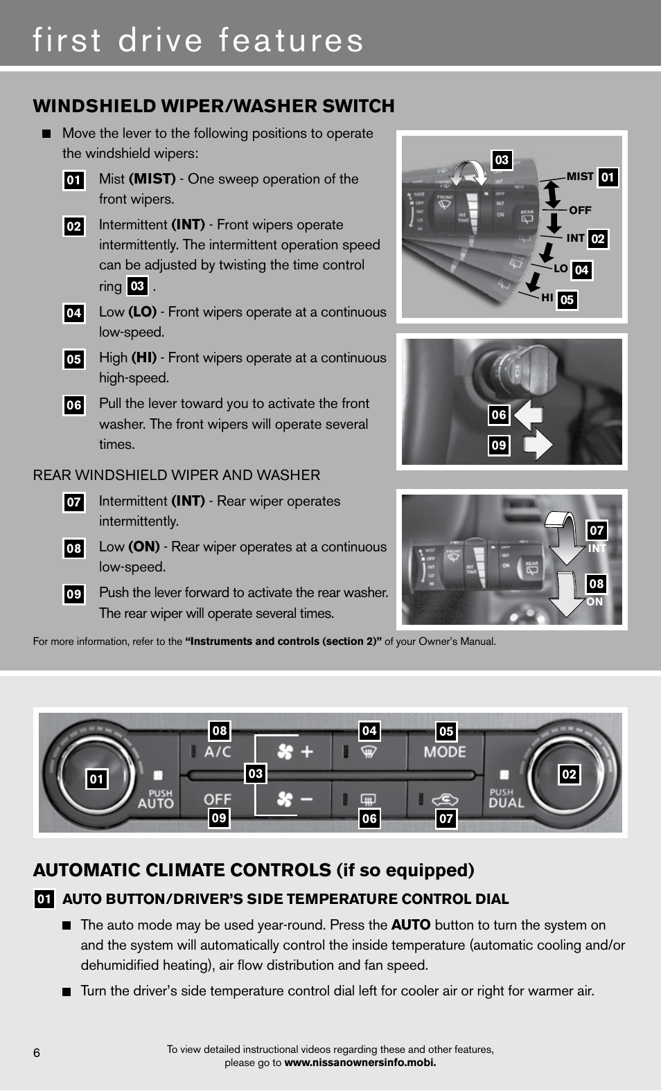 First drive features, Automatic climate controls (if so equipped), Windshield wiper/washer switch | NISSAN 2012 Pathfinder - Quick Reference Guide User Manual | Page 8 / 20