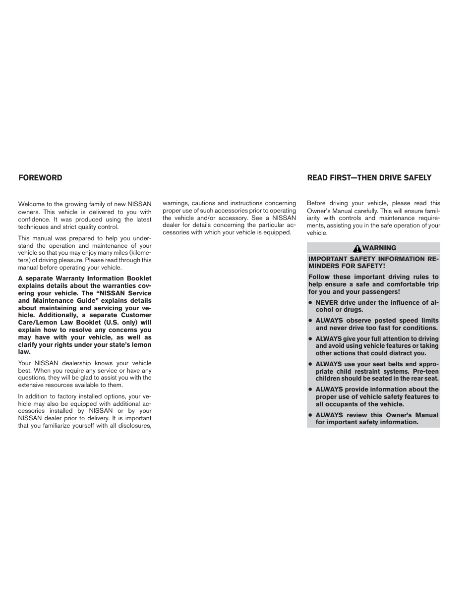NISSAN 2013 Pathfinder - Owner's Manual User Manual | Page 2 / 506
